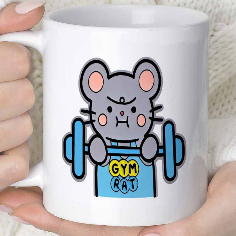 Tailorly White Ceramic 11 oz Mug - Gym Rat Strong Cartoon Rodent Lifting A Heavy Blue Barbell Wearing Fitness Apparel Mouse