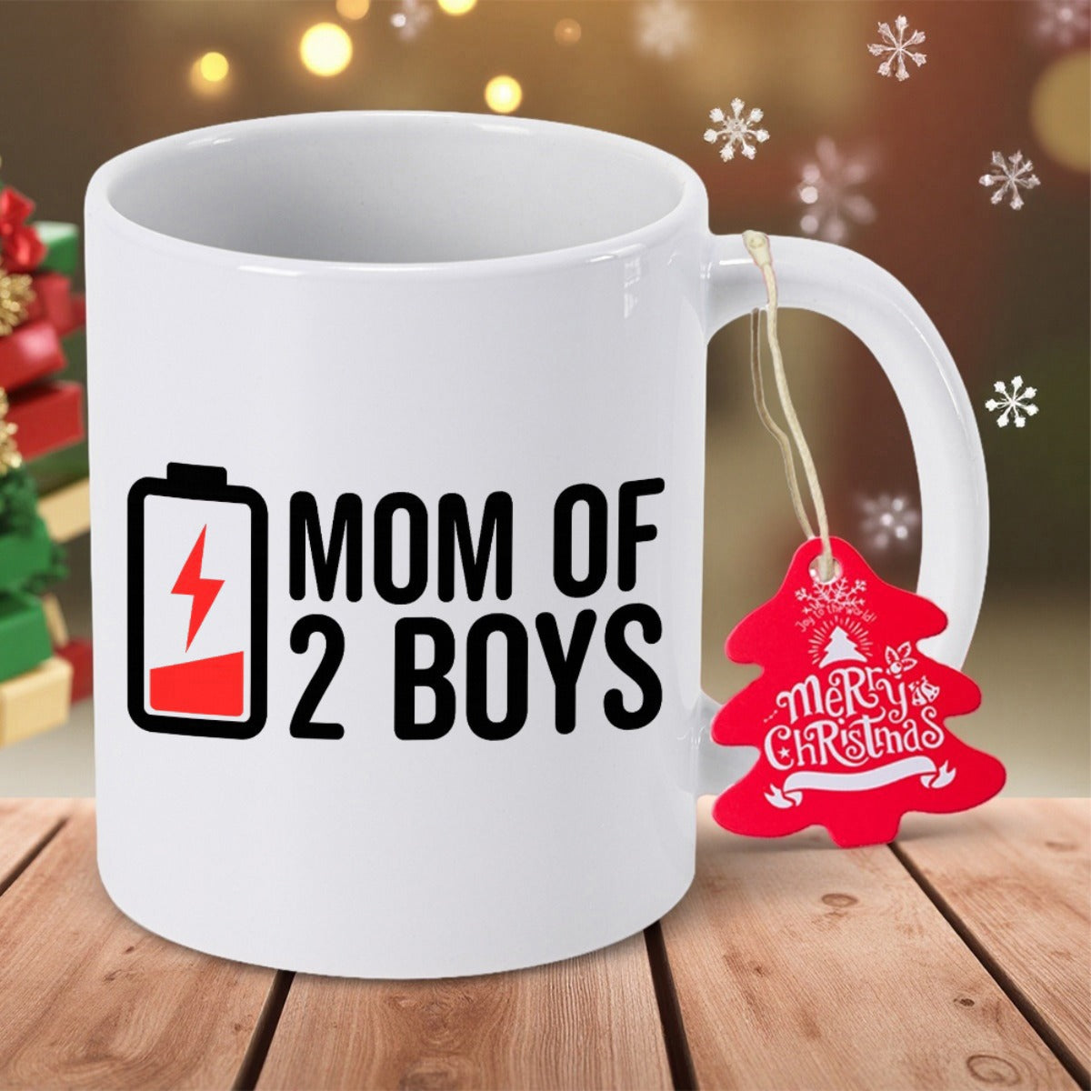 Tailorly White Ceramic 11 oz Mug - Mom Of 2 Boys Merry Christmas Minimalist White Ceramic With Charging Battery Icon And Lightning Bolt Mug
