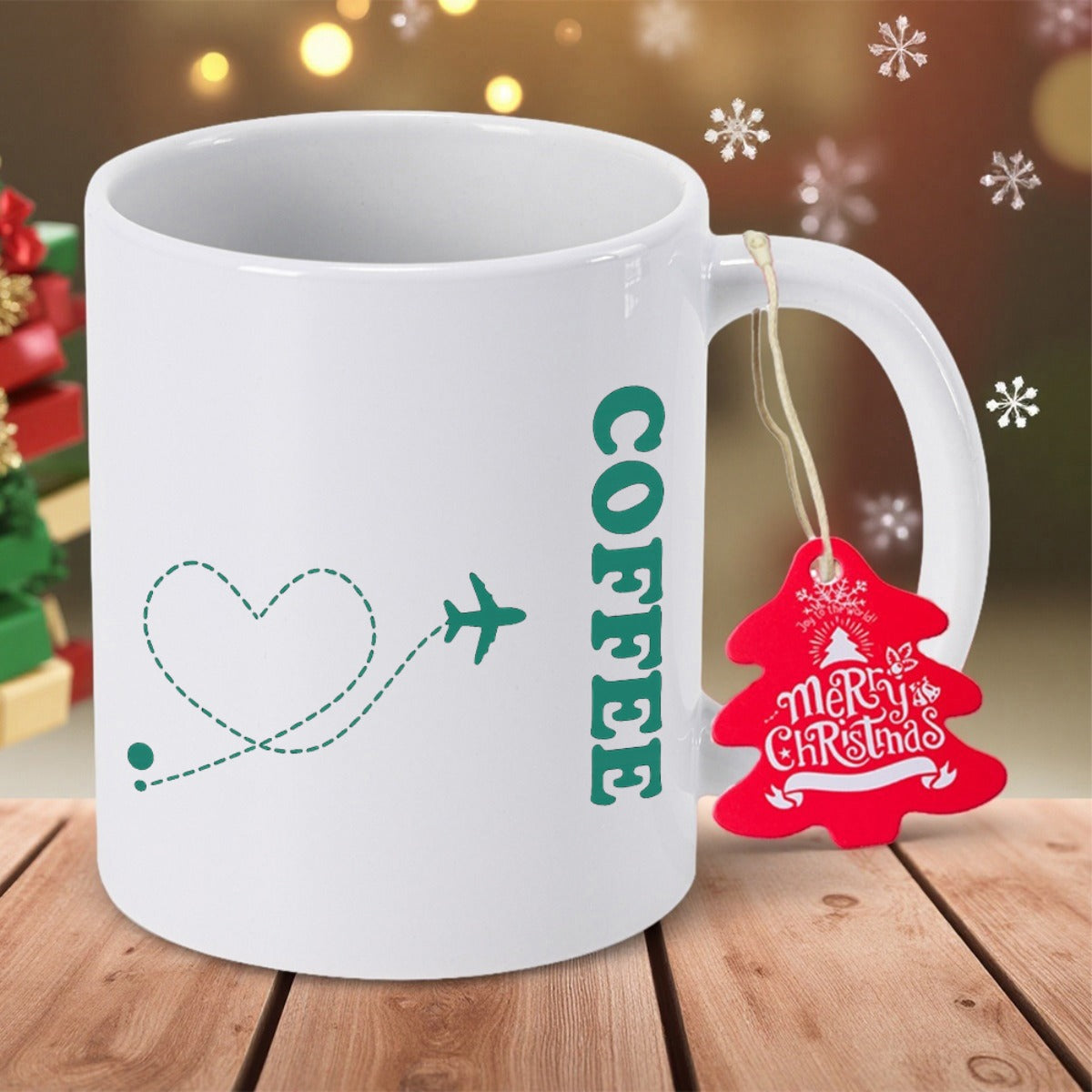 Tailorly White Ceramic 11 oz Mug - Coffee Dotted Heart Trail Created By A Tiny Flying High Speed Airplane