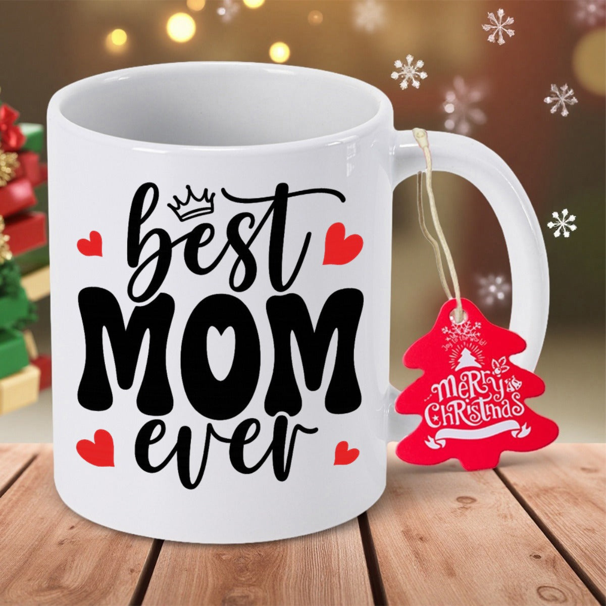 Tailorly White Ceramic 11 oz Mug - Best Mom Ever Polished Featuring Playful Red Hearts And Artistic Typography Mug