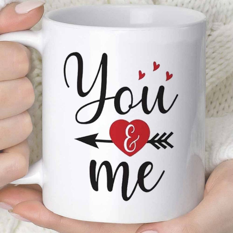 Tailorly White Ceramic 11 oz Mug - You Me Small Red Hearts Floating Above Script Text With Arrow Pierced Heart