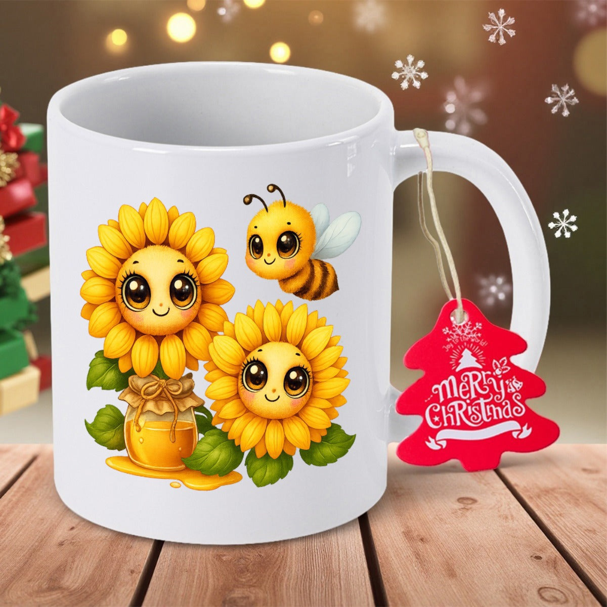 Tailorly White Ceramic 11 oz Mug - Adorable Cartoon Garden With Friendly Bees Hovering Around Happy Sunflower
