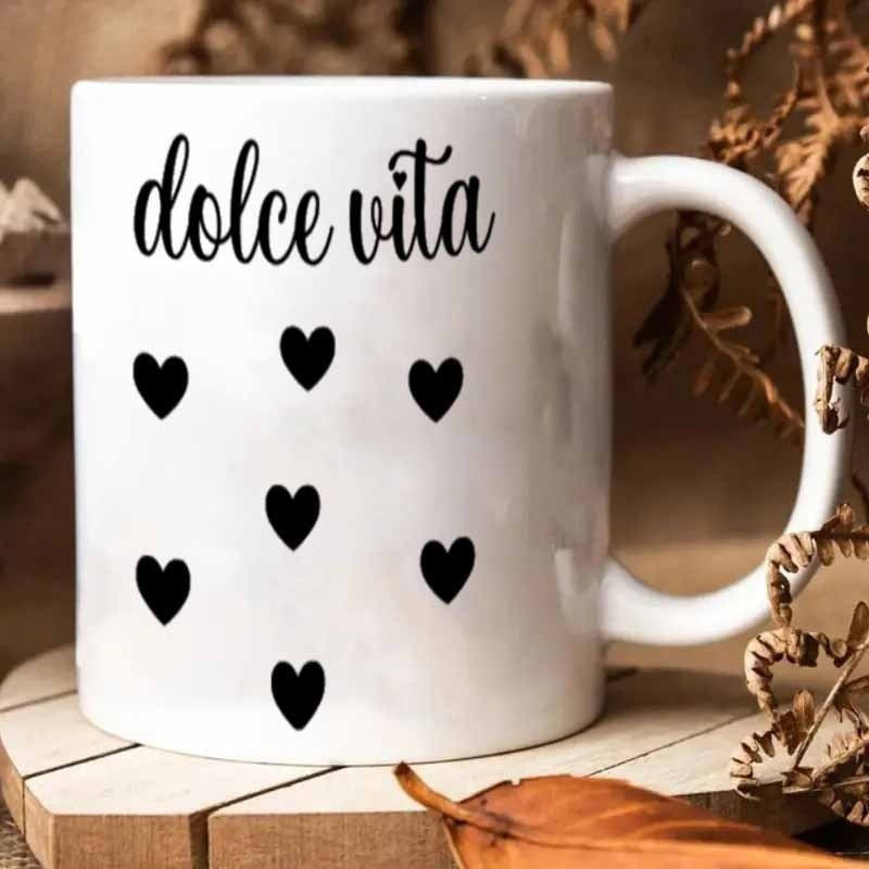 Tailorly White Ceramic 11 oz Mug - Dolce Vita Elegant Script Text Above Minimalist Scattered Small Black Hearts Heart