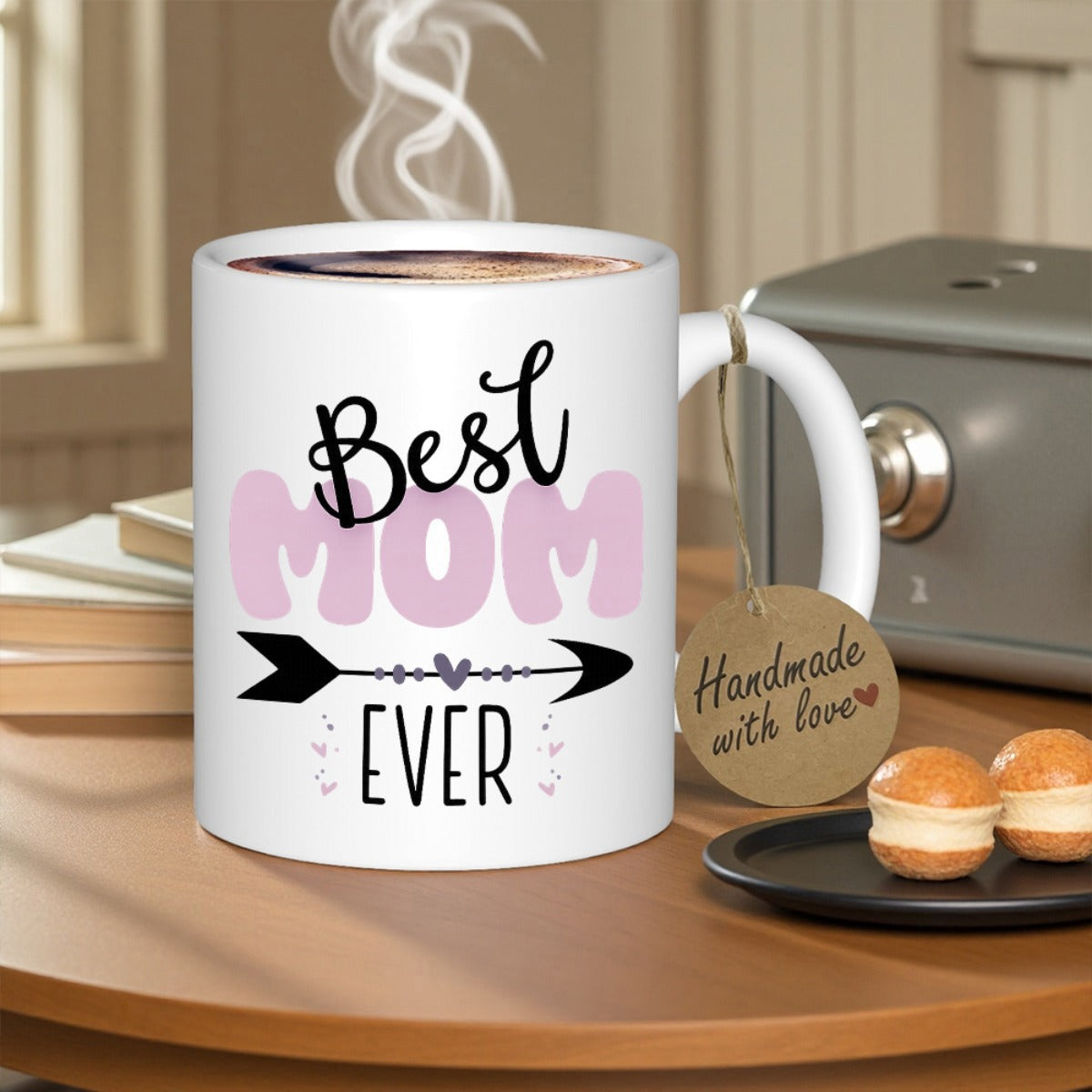 Tailorly White Ceramic 11 oz Mug - Best Mom Ever Minimalist Arrow With Heart And Pink Bubble Font Styling Ceramic Mug