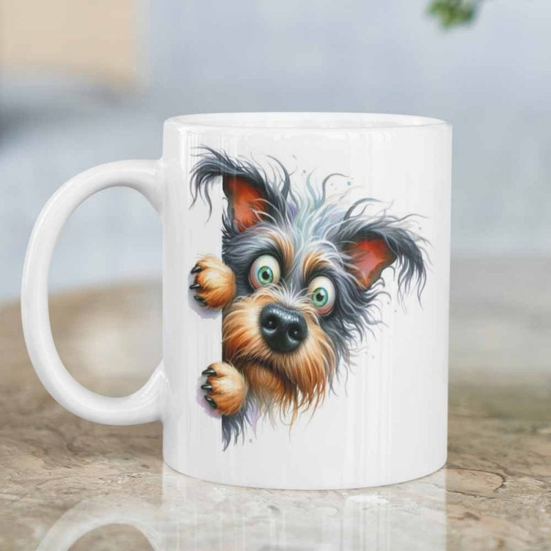 Tailorly White Ceramic 11 oz Mug - Adorable Scruffy Terrier Peeking Behind Edge With Messy Fur And Expressive Eyes Dog