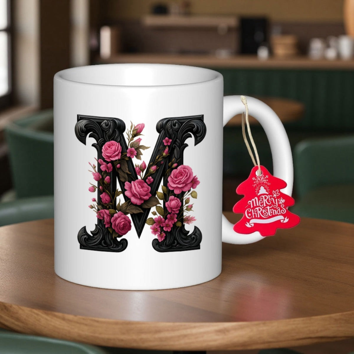 Tailorly White Ceramic 11 oz Mug - M Ornate Vintage Black Style Letter Surrounded By Delicate Pink Roses Mug