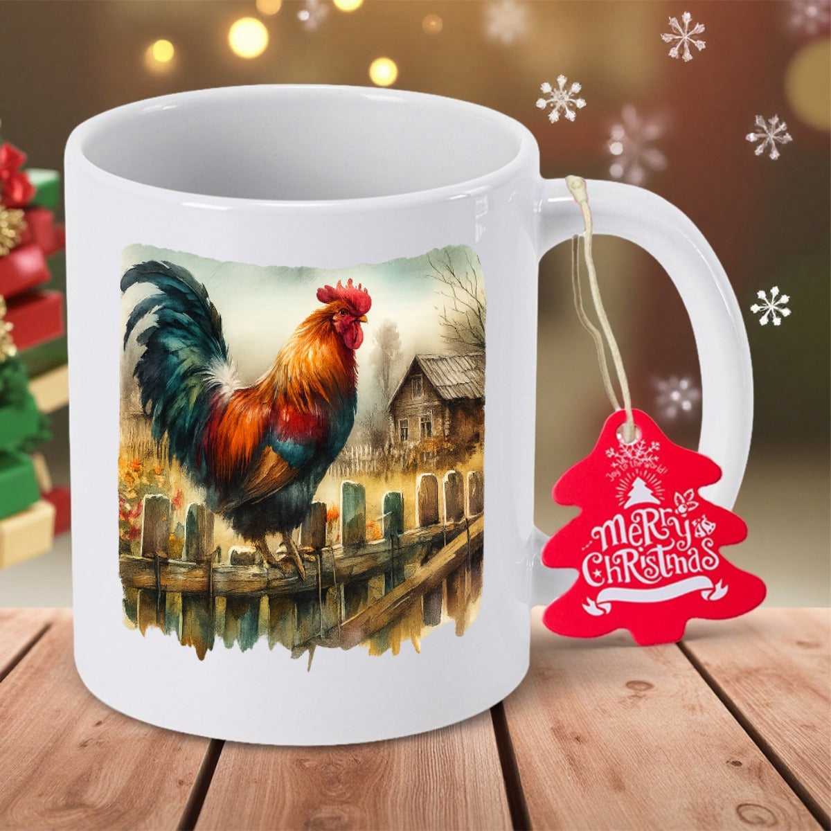 Tailorly White Ceramic 11 oz Mug - Merry Christmas Vibrant Colorful Bird Standing On Rustic Fence Near Scenic Farm Rooster