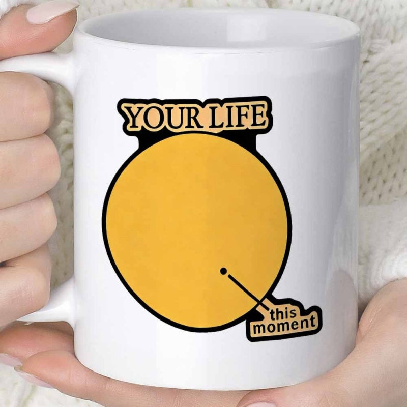 Tailorly White Ceramic 11 oz Mug - Your Life This Moment Minimalist Yellow Circle Representing Current Time With Tiny Dot Graphic