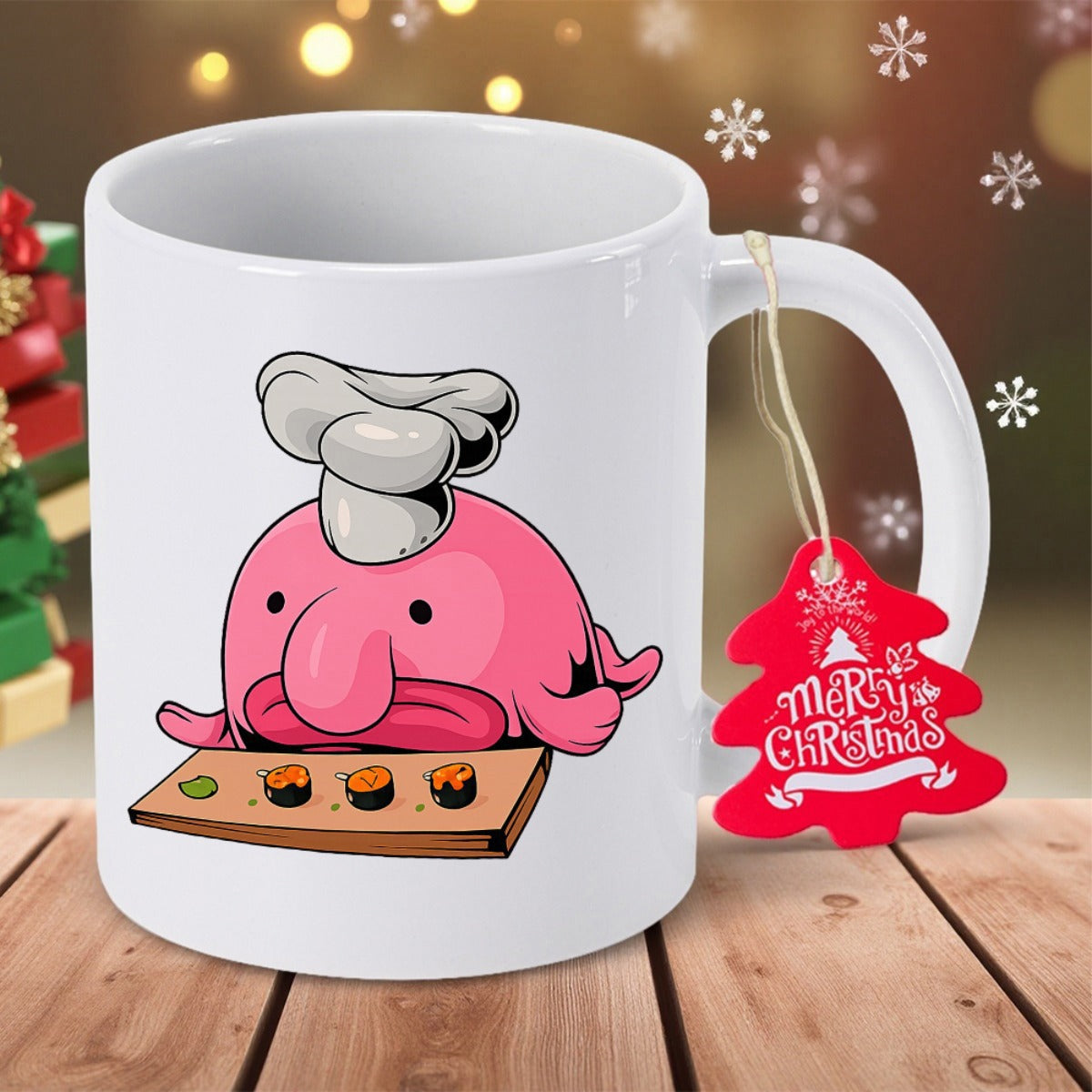 Tailorly White Ceramic 11 oz Mug - Merry Christmas Adorable Pink Cartoon Fish Wearing Chef Hat Serving Fresh Sushi Blobfish