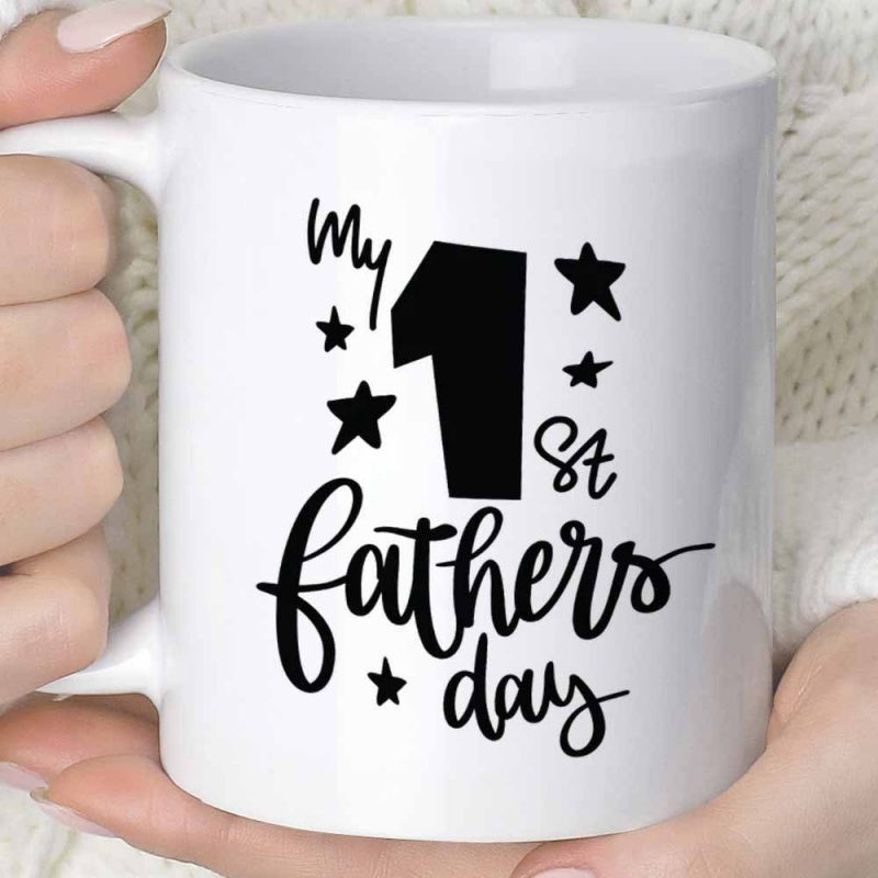 Tailorly White Ceramic 11 oz Mug - My 1st Father's Day Bold Number One And Script Text Surrounded By Tiny Stars Mug