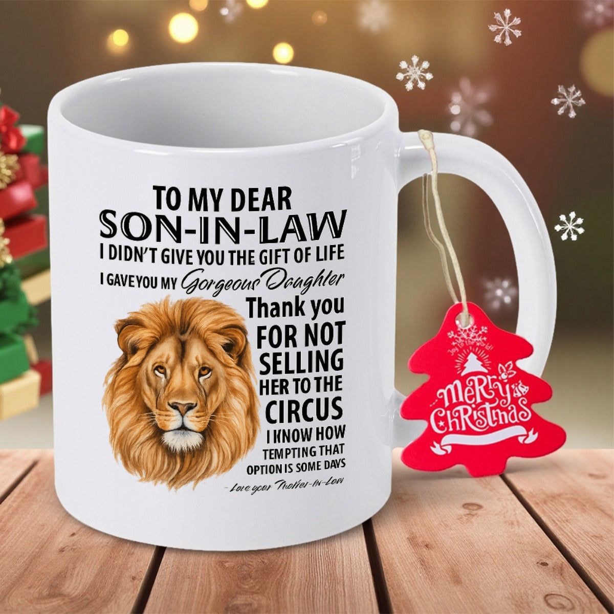 Tailorly White Ceramic 11 oz Mug - To My Dear Son In Law Majestic Realistic Animal Portrait With Golden Mane And Calm Gaze Lion