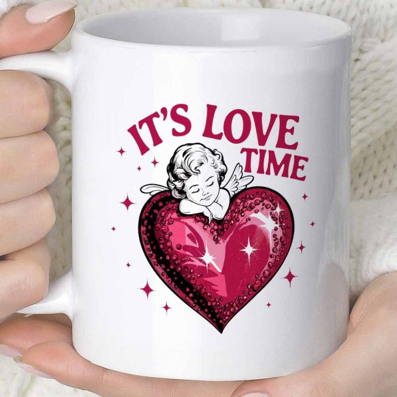Tailorly White Ceramic 11 oz Mug - Its Love Time Romantic Cherub Leaning On Shimmering Red Heart With Twinkling Stars Heart