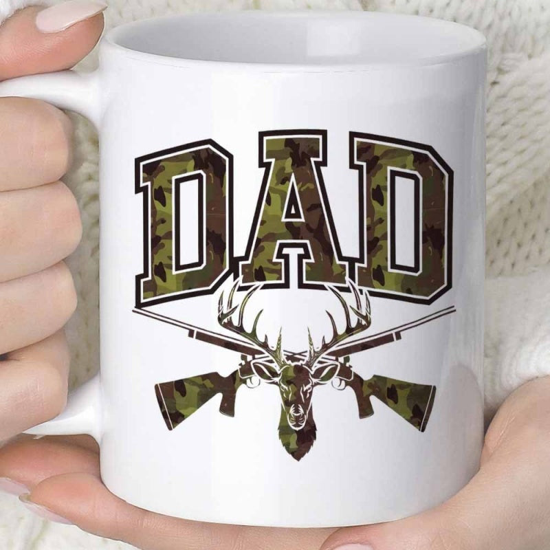 Tailorly White Ceramic 11 oz Mug - Dad Camouflage Pattern Featuring Wild Deer Head And Crossed Hunting Rifles Deer