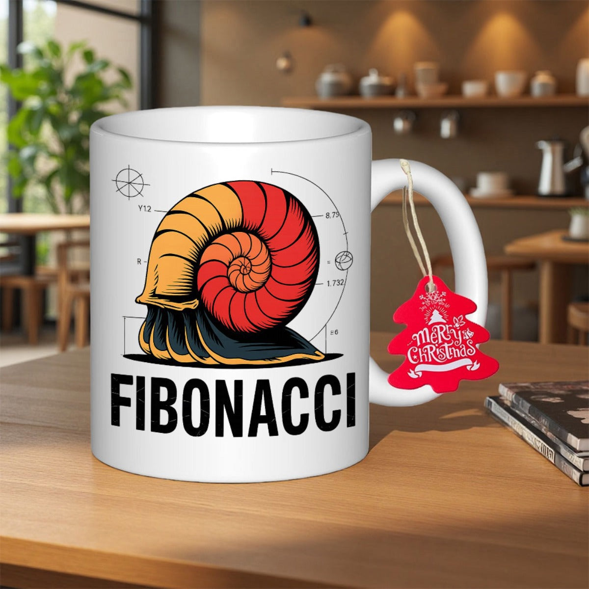Tailorly White Ceramic 11 oz Mug - Fibonacci Vibrant Spiraled Shell Showcasing Geometric Curves And Scientific Drawing Nautilus