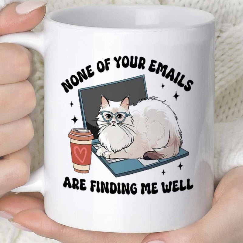 Tailorly White Ceramic 11 oz Mug - None Of Your Emails Are Finding Me Well Fluffy White Feline Wearing Glasses Resting On A Digital Laptop Cat