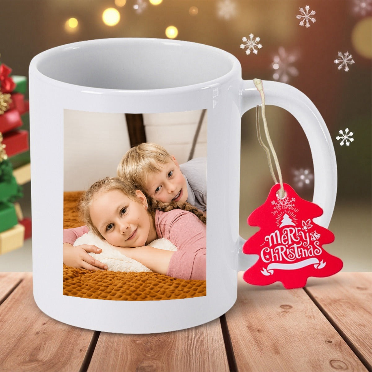 Tailorly White Ceramic 11 oz Mug - Merry Christmas Smiling Young Siblings Resting Peacefully On A Warm Soft Blanket Children