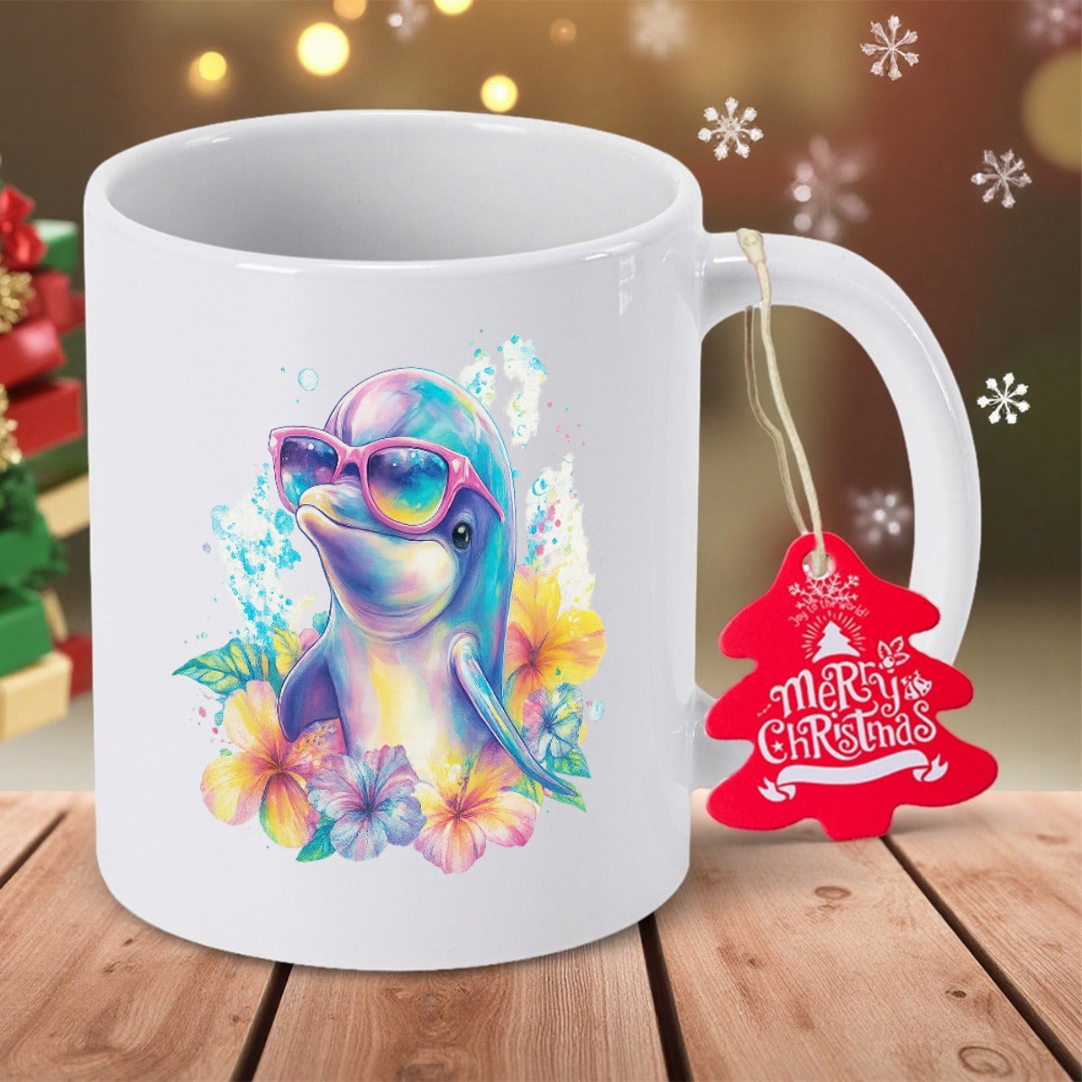 Tailorly White Ceramic 11 oz Mug - Merry Christmas Colorful Watercolor Style Wearing Pink Sunglasses Among Tropical Hibiscus Flowers Dolphin