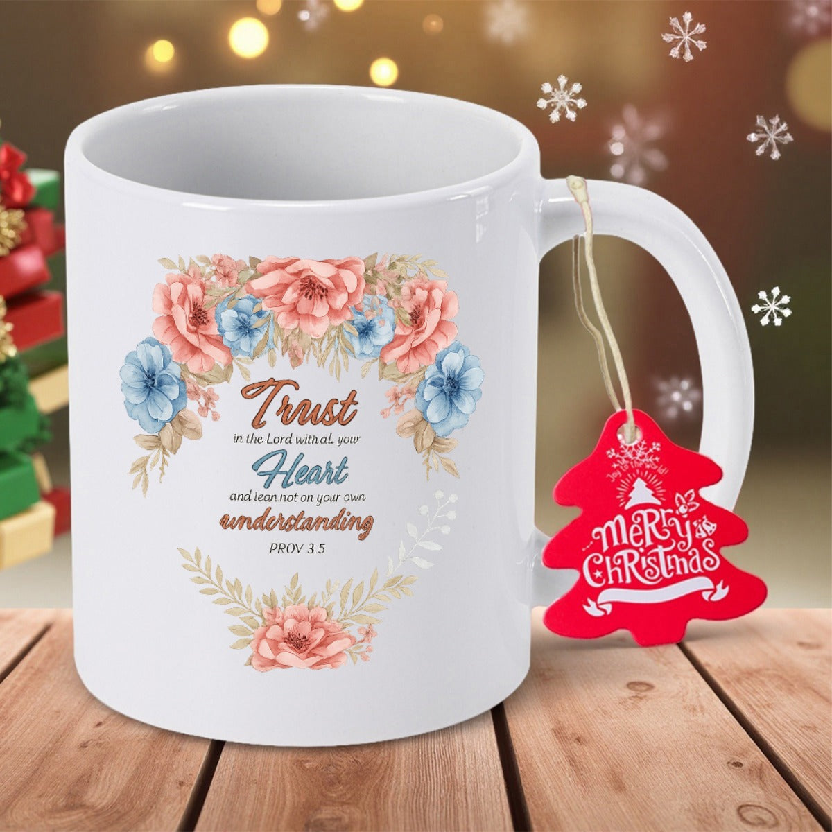 Tailorly White Ceramic 11 oz Mug - Trust Heart Proverbs Watercolor Blooming Peonies And Blue Blossoms Within Elegant Leafy Circular Wreath Flower