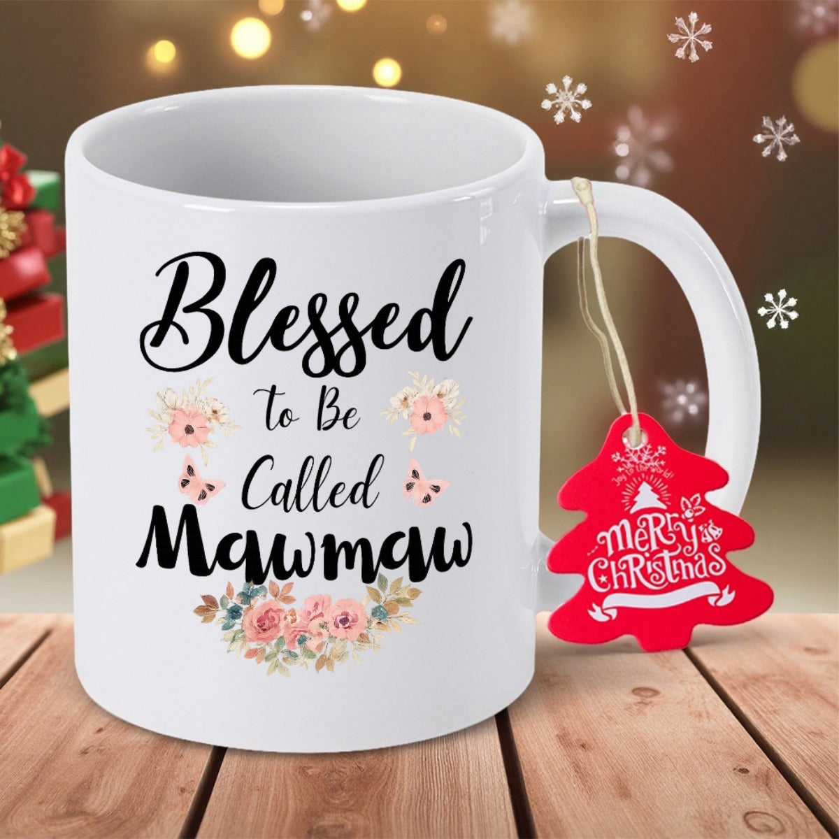 Tailorly White Ceramic 11 oz Mug - Blessed To Be Called Mawmaw With Pink Blooming Flowers And Elegant Cursive Script Mug