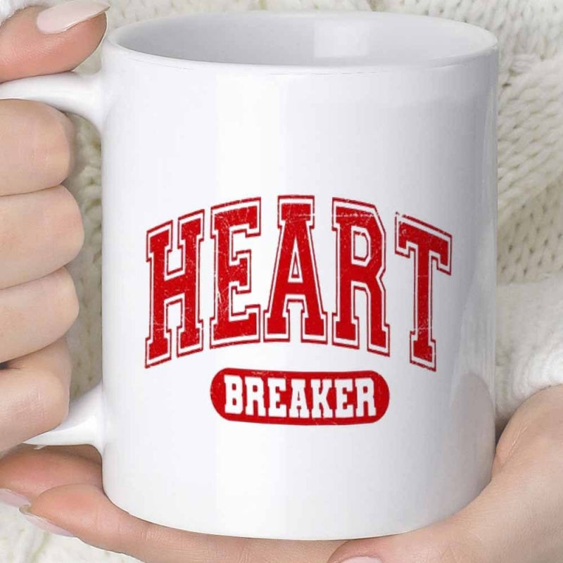 Tailorly White Ceramic 11 oz Mug - Heart Breaker Vintage Red Collegiate Letters Featuring Distressed Texture With Rounded Frame Lettering