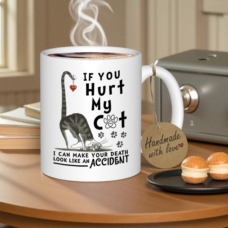 Tailorly White Ceramic 11 oz Mug - If You Hurt My Cat I Can Make Your Death Look Like An Accident Adorable Striped Tabby Cat Stretching With Long Tail Hanging