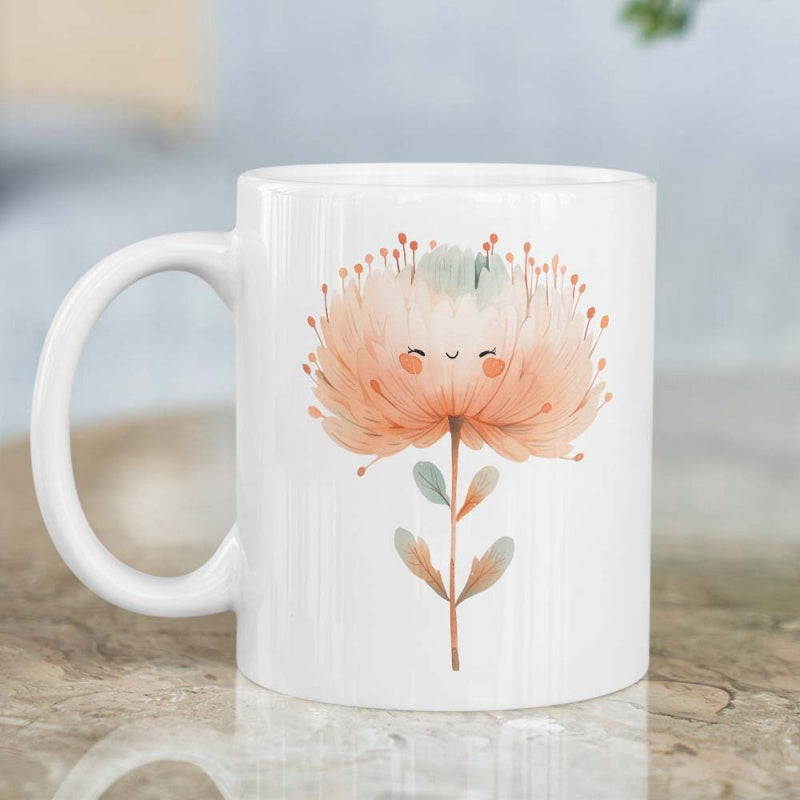 Tailorly White Ceramic 11 oz Mug - Cute Watercolor Soft Blooming Petals With Smiling Face On Slender Stem Flower