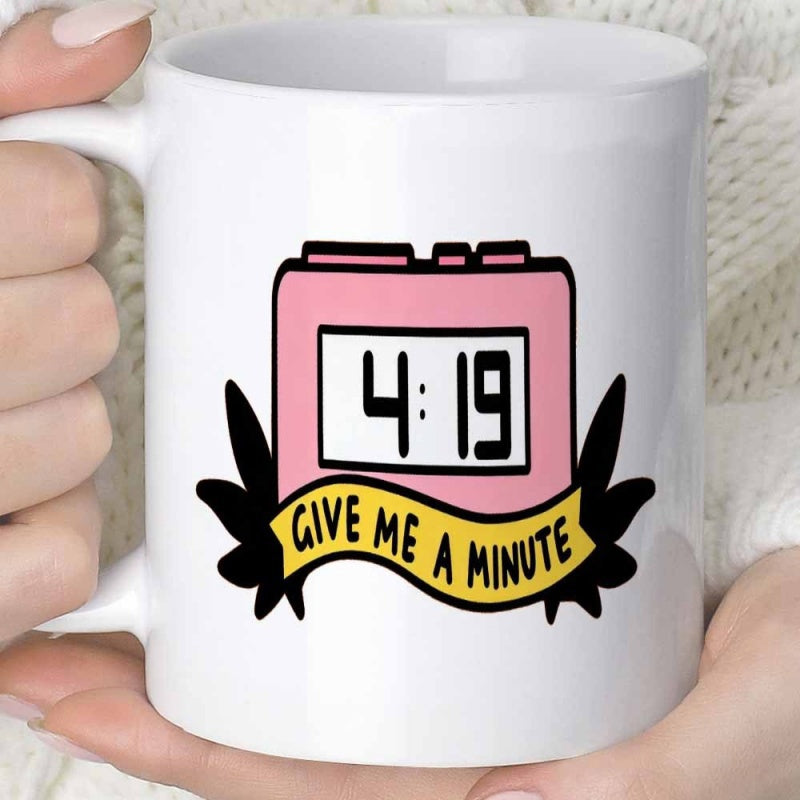 Tailorly White Ceramic 11 oz Mug - Give Me A Minute Pink Digital Alarm Clock With Black Leaves On Yellow Ribbon Clock