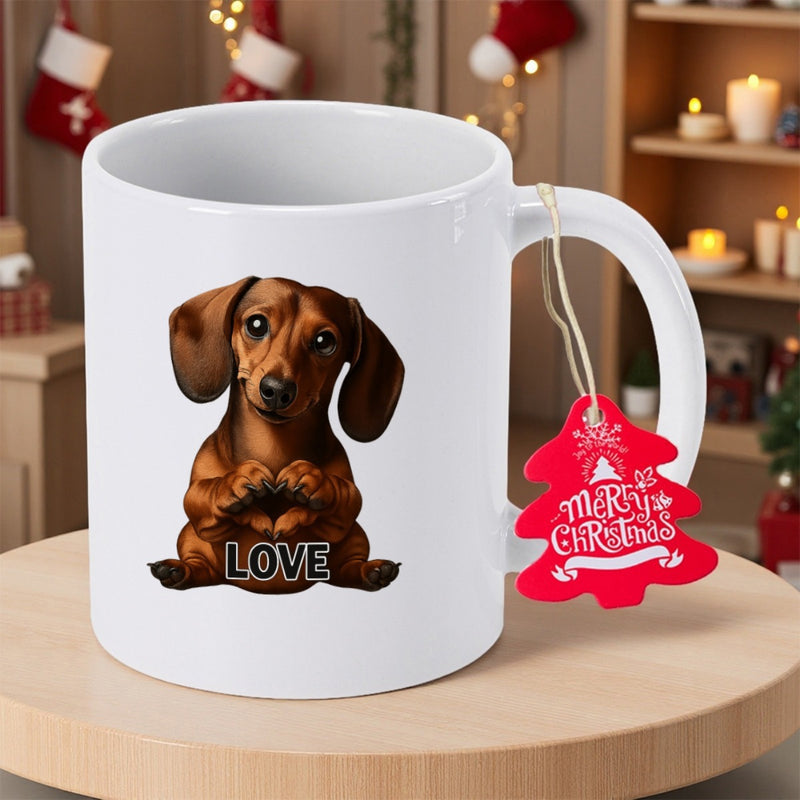 Tailorly White Ceramic 11 oz Mug - Love Adorable Brown Puppy Making Heart Shape With Small Paws Dachshund