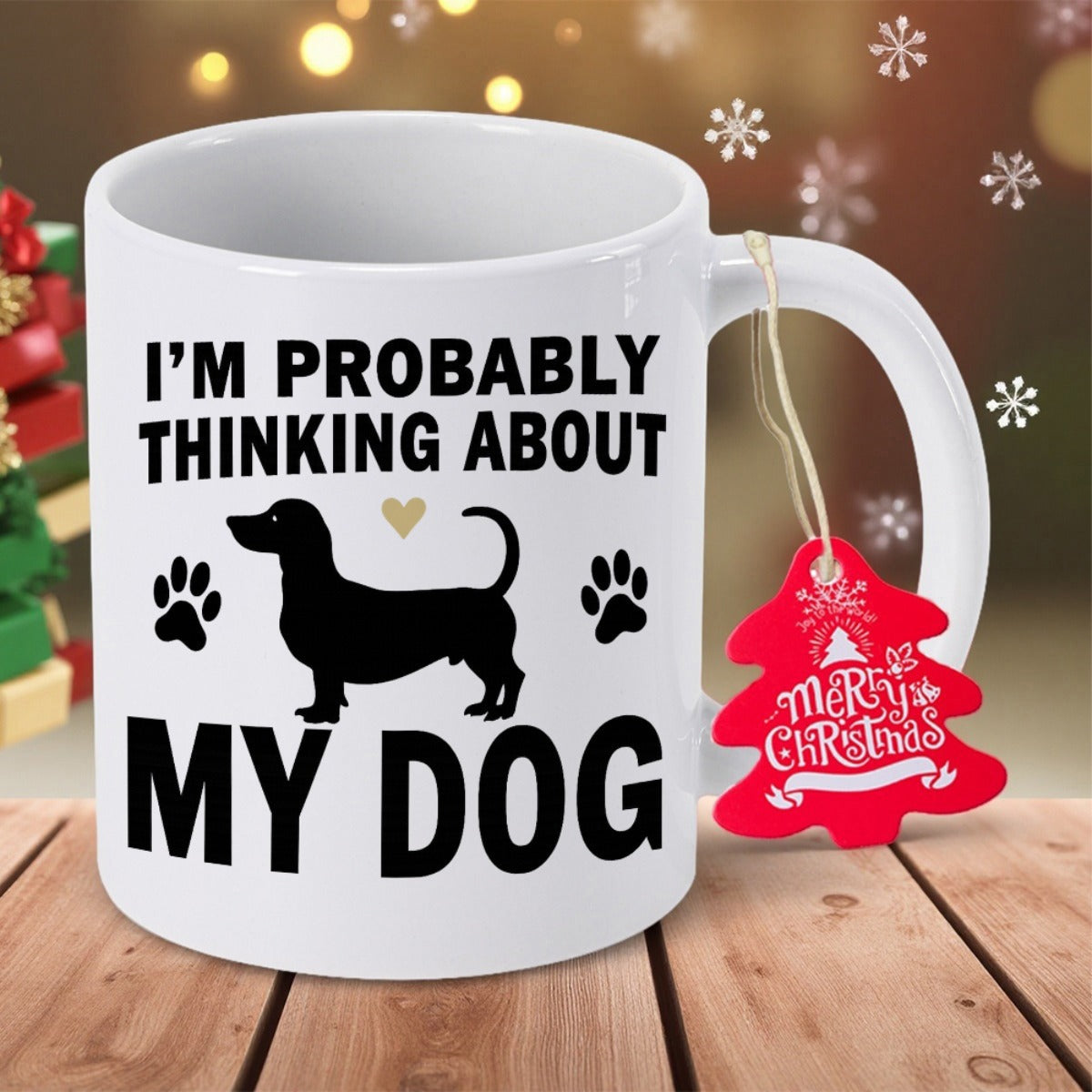 Tailorly White Ceramic 11 oz Mug - Im Probably Thinking About My Dog Silhouette Of A Small Dachshund Among Tiny Paw Prints Dog