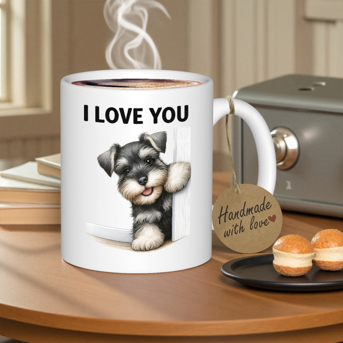 Tailorly White Ceramic 11 oz Mug - I Love You Adorable Miniature Schnauzer Peeking Behind A White Door With Cheerful Eyes Dog