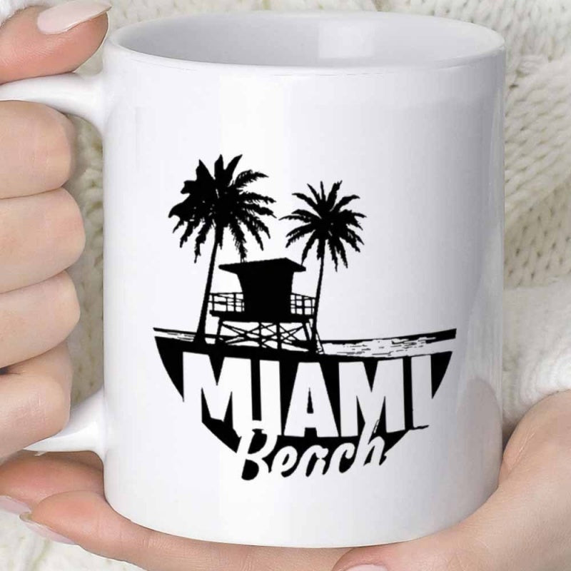 Tailorly White Ceramic 11 oz Mug - Miami Beach Silhouette Palm Trees Standing Beside A Tropical Ocean Coast Lifeguard Tower