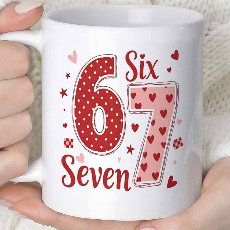 Tailorly White Ceramic 11 oz Mug - Six Seven Vibrant Polka Dot And Heart Patterns Surrounded By Delicate Sparkling Stars Numbers