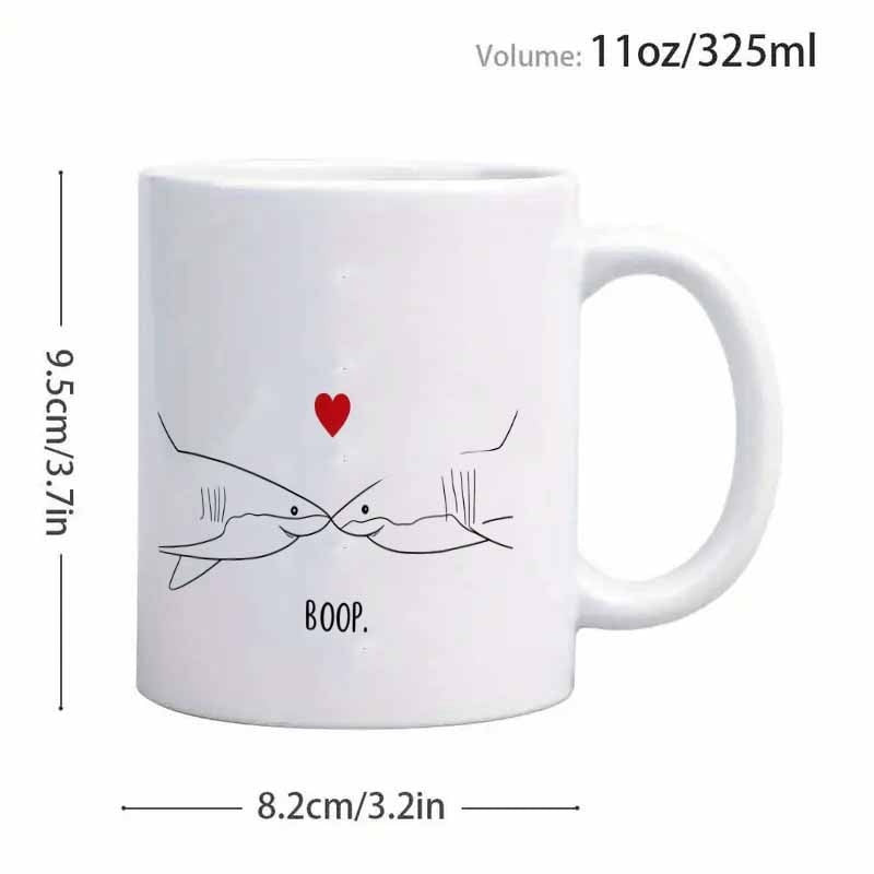 Tailorly White Ceramic 11 oz Mug - Boop Minimalist Line Art Featuring Two Friendly Sharks Touching Noses Under Heart Shark