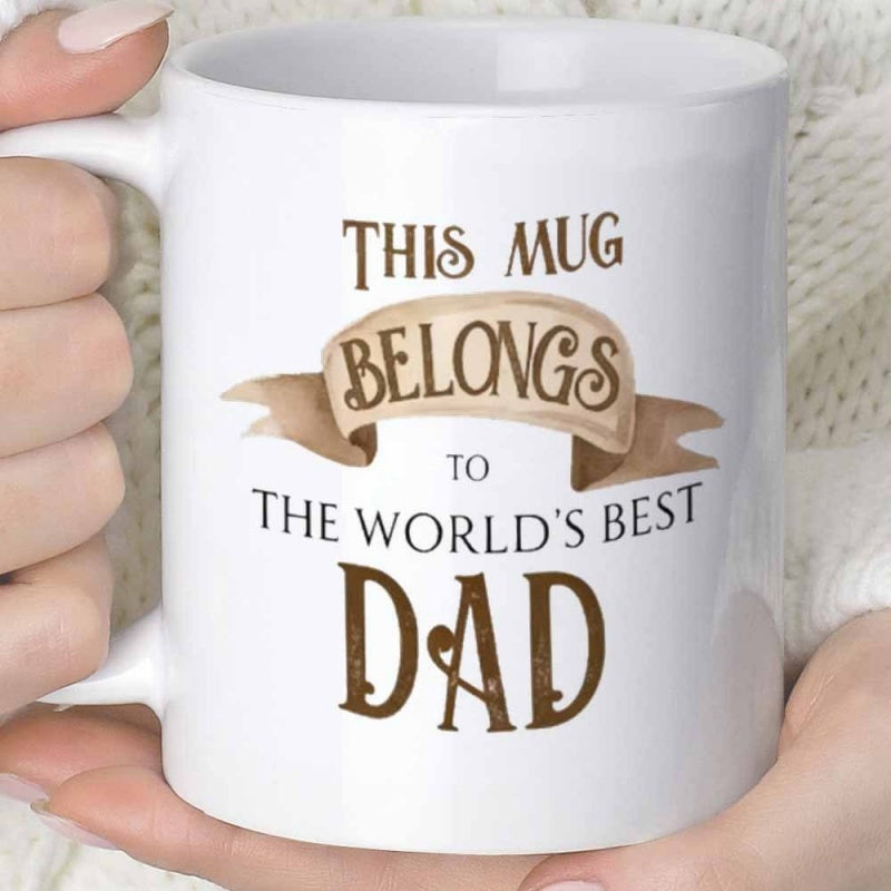 Tailorly White Ceramic 11 oz Mug - This Mug Belongs To The World's Best Dad Elegant Vintage Banner Scrolling Across A Polished Mug