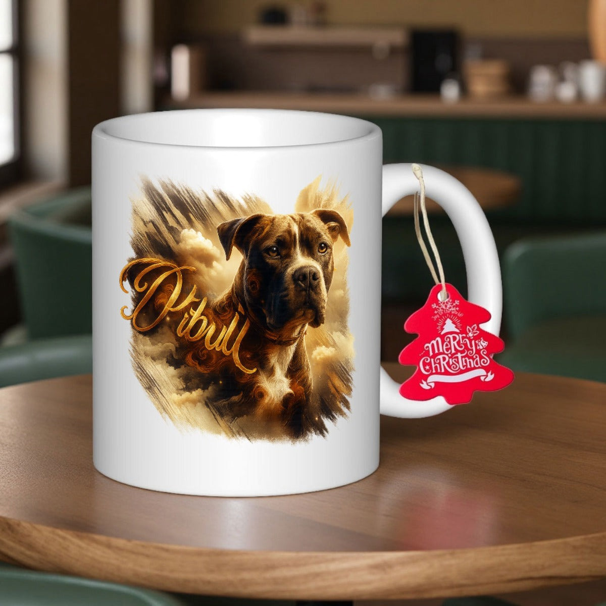 Tailorly White Ceramic 11 oz Mug - Pitbull Majestic Portrait With Dynamic Artistic Brown And Gold Brushstrokes Pitbull