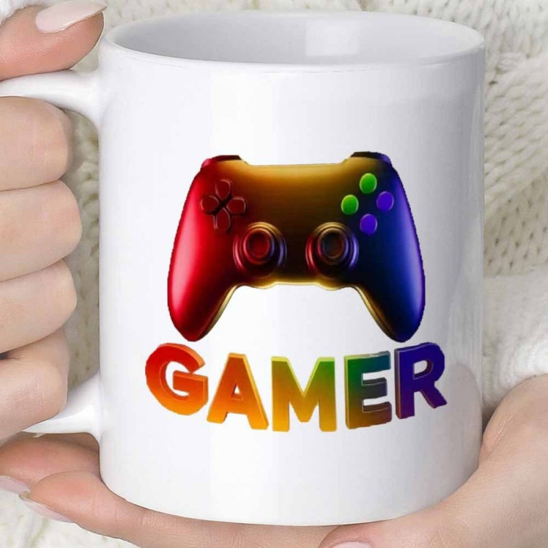 Tailorly White Ceramic 11 oz Mug - Gamer Vibrant Rainbow Gradient Video Game Device With Glossy Finish Controller