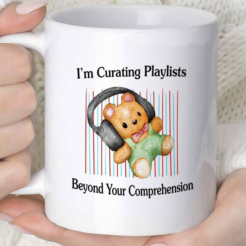 Tailorly White Ceramic 11 oz Mug - Im Curating Playlists Beyond Your Comprehension Adorable Cartoon Bear Wearing Large Black Headphones Among Colorful Stripes Bear