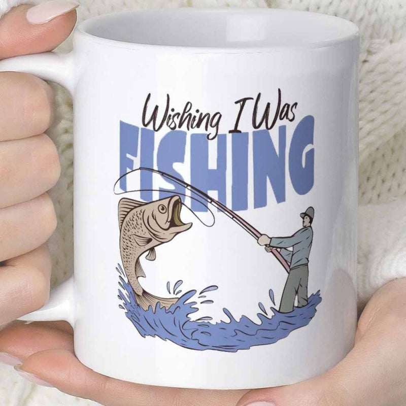 Tailorly White Ceramic 11 oz Mug - Wishing I Was Fishing Fisherman Catching A Large Jumping Bass Amidst Splashing Blue Waves Fish