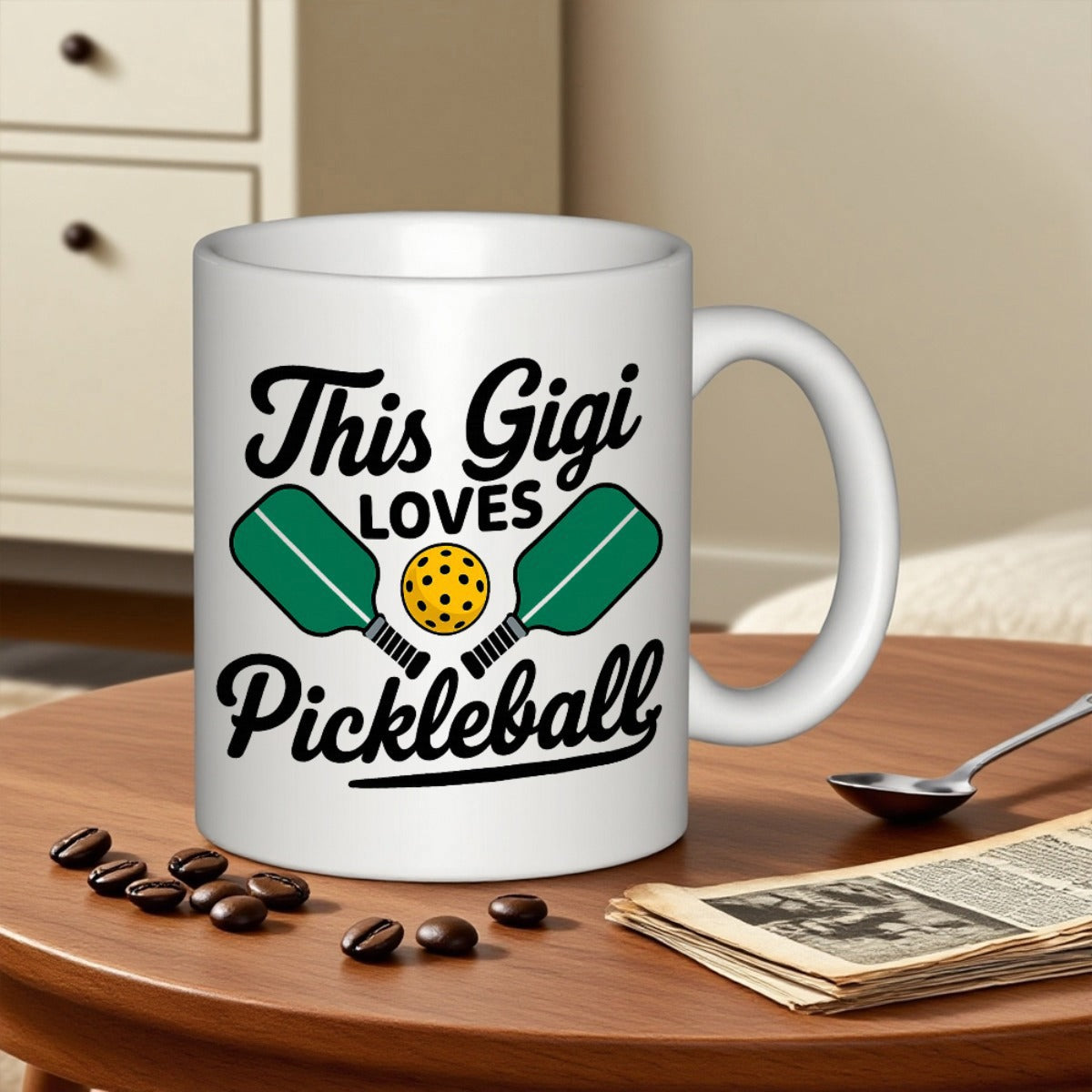 Tailorly White Ceramic 11 oz Mug - This Gigi Loves Pickleball Two Crossed Green Paddles With A Perforated Yellow Ball Centered Pickleball