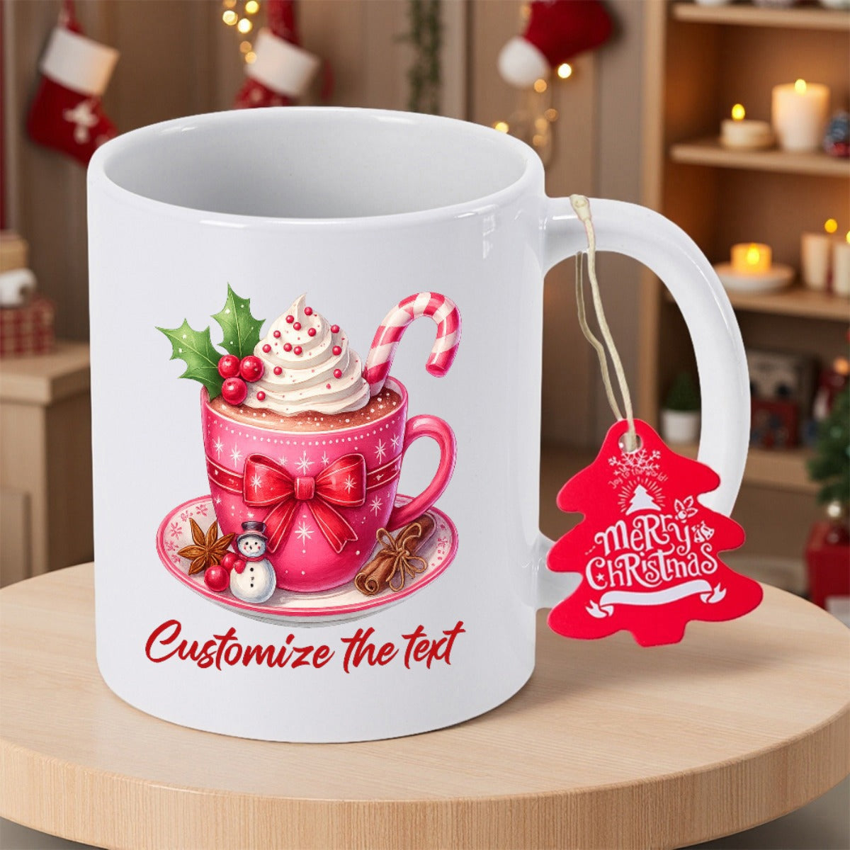Tailorly White Ceramic 11 oz Mug - Customize The Text Merry Christmas Pink Festive Holiday Cup With Whipped Cream And Sweet Candy Cane Cocoa