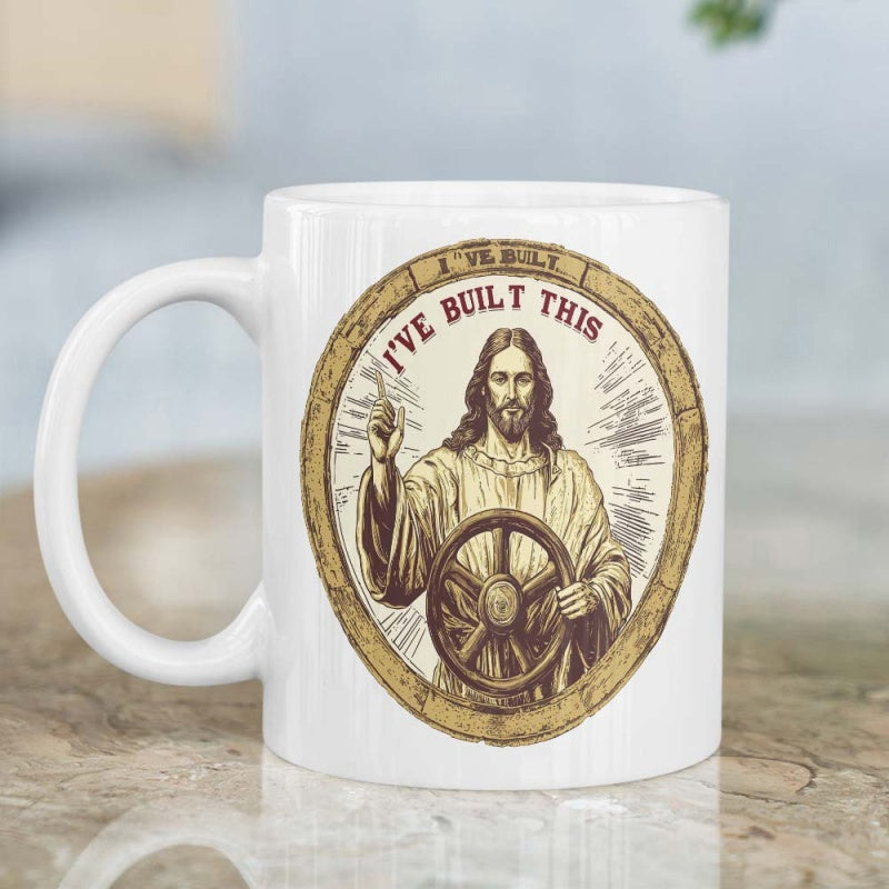 Tailorly White Ceramic 11 oz Mug - Ive Built This Bearded Religious Figure Holding Ship Wheel Inside Circular Frame Mug