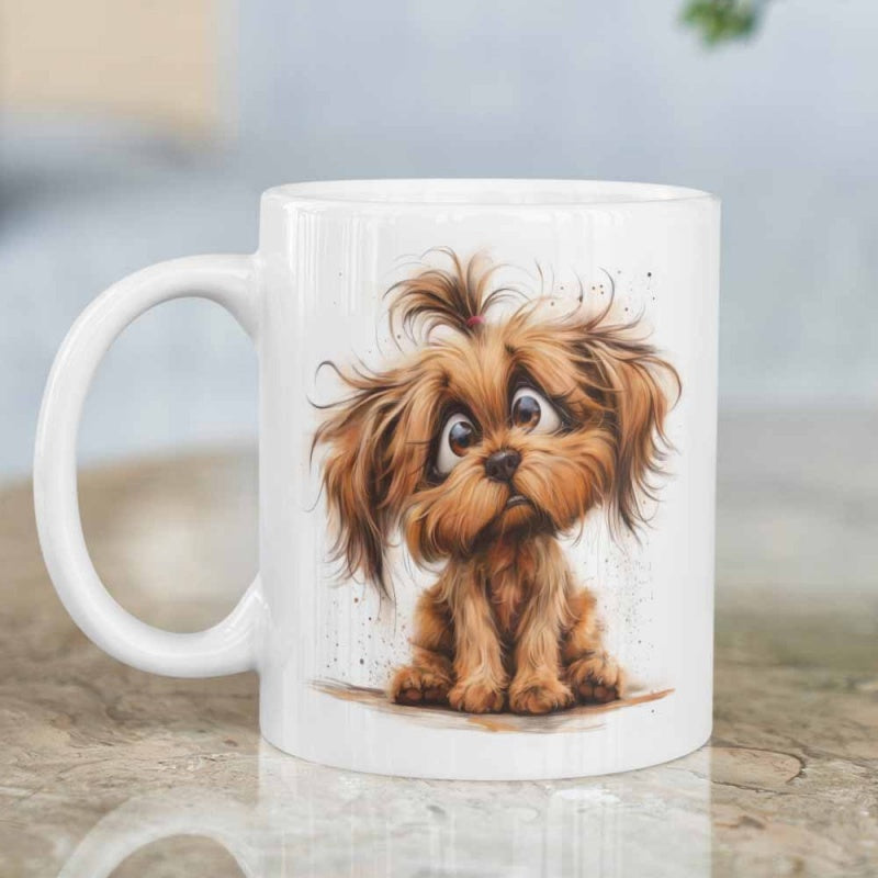 Tailorly White Ceramic 11 oz Mug - Adorable Scruffy Brown Dog With Messy Hair And Large Eyes Puppy