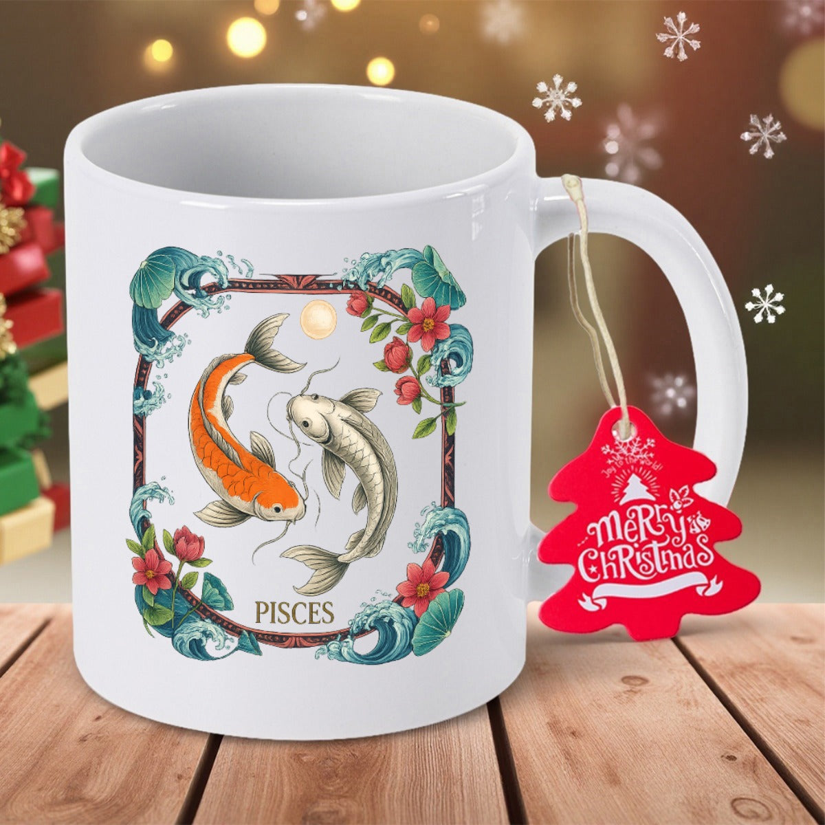 Tailorly White Ceramic 11 oz Mug - Pisces Merry Christmas Two Artistic Koi Swimming Among Waves And Floral Frame Koi