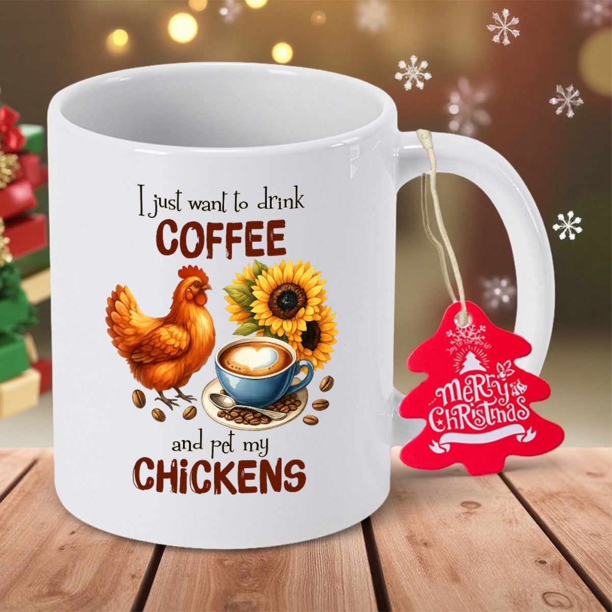 Tailorly White Ceramic 11 oz Mug - I Just Want To Drink Coffee And Pet My Chickens Farmhouse Hen Perched Beside Vibrant Yellow Sunflowers And Heart Shaped Latte