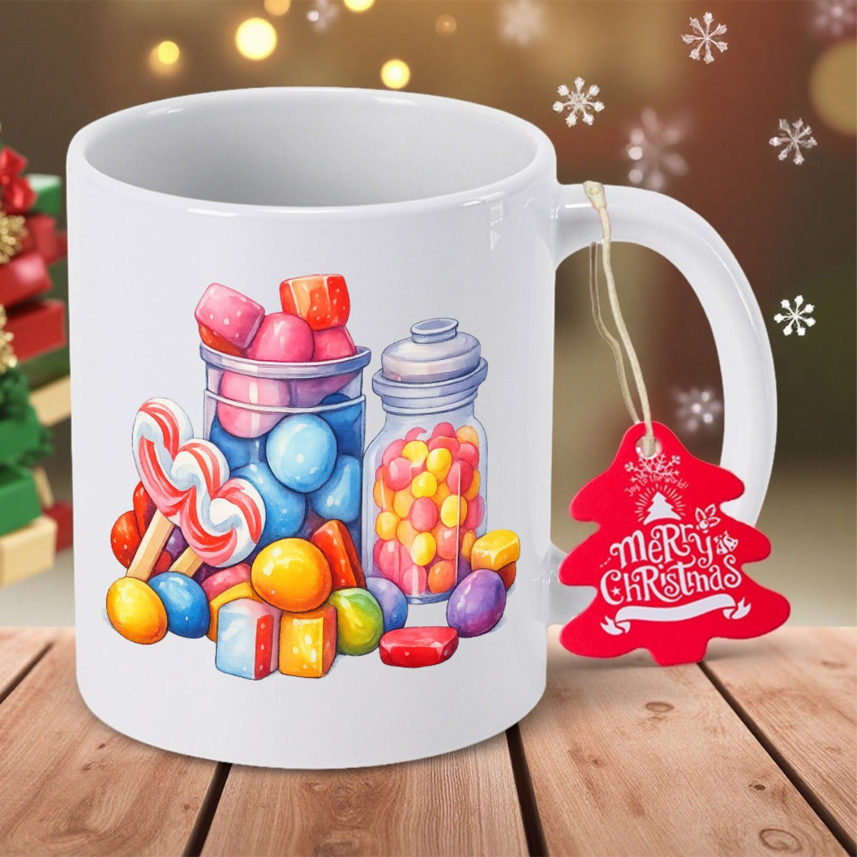 Tailorly White Ceramic 11 oz Mug - Merry Christmas Colorful Glass Jars Filled With Assorted Sweets And Swirling Lollipops Candy