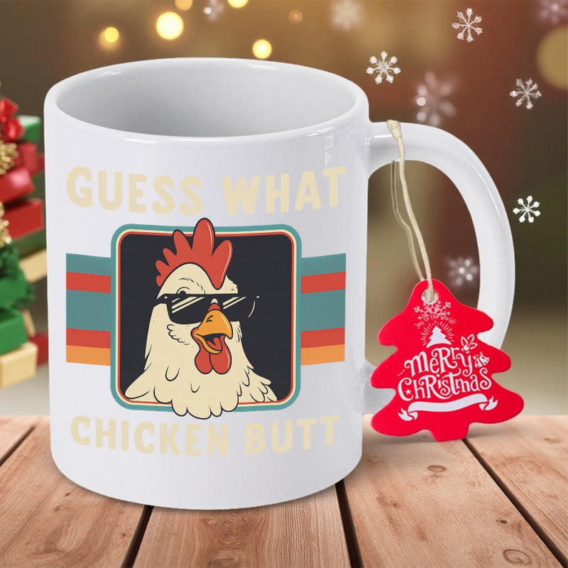 Tailorly White Ceramic 11 oz Mug - Guess What Chicken Butt Funny Cool Rooster Wearing Sunglasses Over Retro Vintage Striped Background Chicken