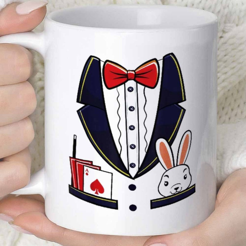 Tailorly White Ceramic 11 oz Mug - Charming Cartoon Magician Costume Design Featuring Playing Cards And Little Rabbit Tuxedo