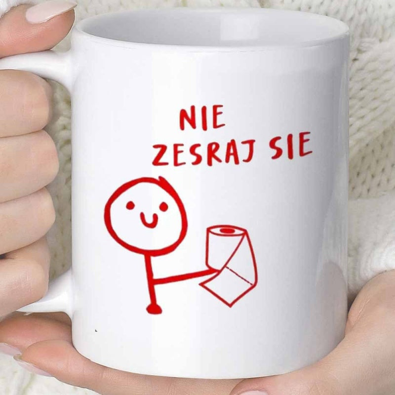 Tailorly White Ceramic 11 oz Mug - Simple Red Line Art Drawing Of A Cheerful Figure Holding Toilet Paper Stickman