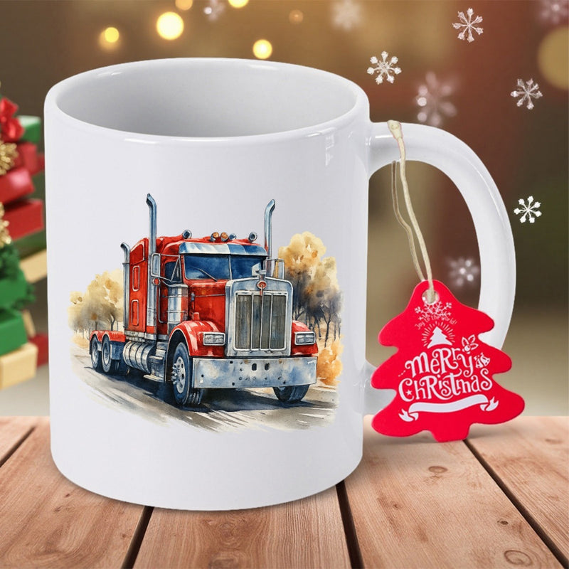 Tailorly White Ceramic 11 oz Mug - Merry Christmas Powerful Heavy Duty Red Vintage Semi Driving Down Highway Truck