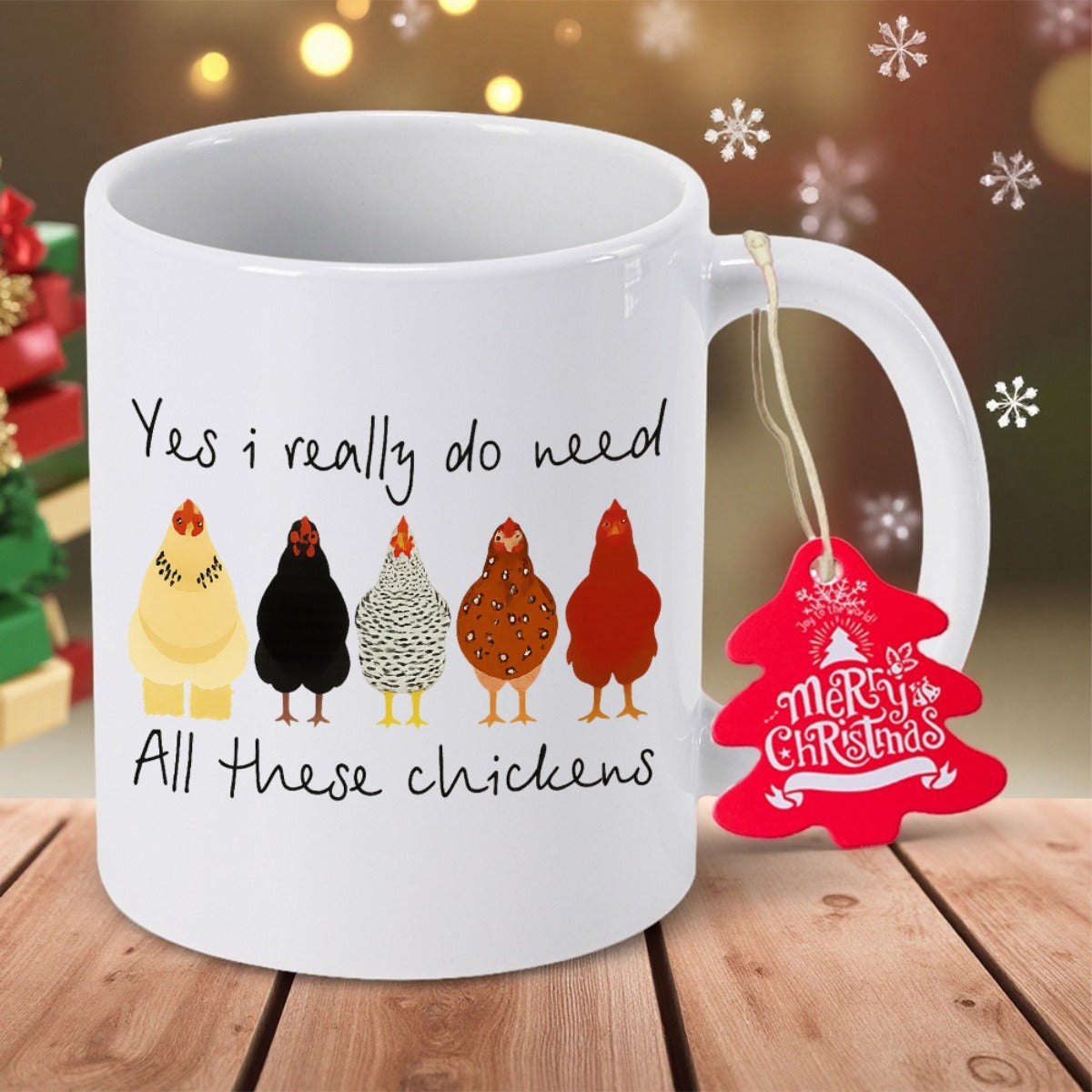 Tailorly White Ceramic 11 oz Mug - Yes I Really Do Need All These Chickens Row Of Five Colorful Hand Drawn Farm Birds Standing Chicken